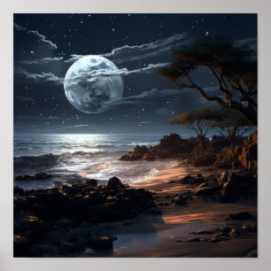 Serene Moon bij Night Poster Tranquil Natuur Wal