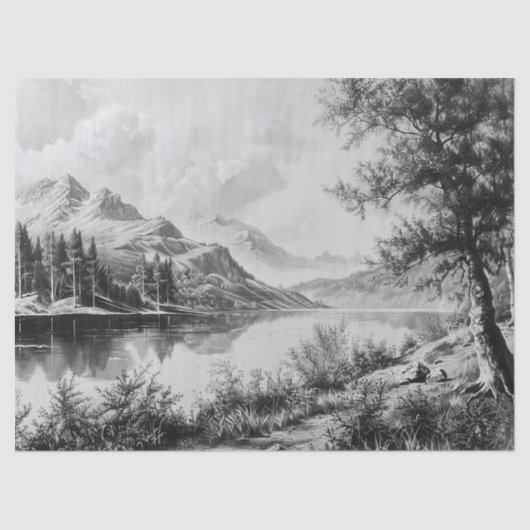 Serene Mountain Lake zwart en wit decoupage Tissuepapier (Voorkant)