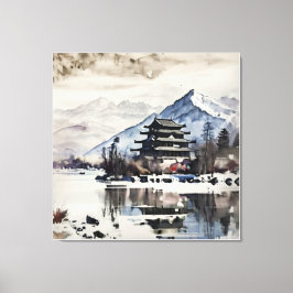 Serene Mountain Pagoda (Winter)  Canvas Afdruk