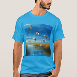 Serene natuur meer scène met vliegende kraanvogel  t-shirt