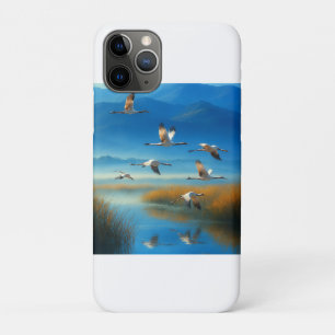 Serene natuur meer scène met vliegende kraanvogels iPhone 11 pro hoesje