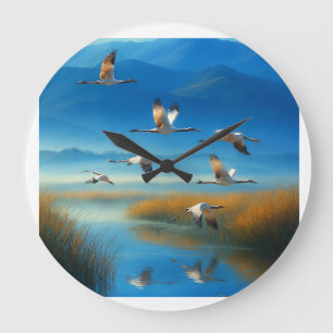 Serene natuur meer scène met vliegende kraanvogels grote klok