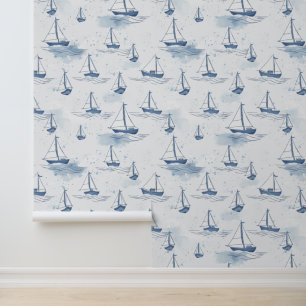 Serene Navyblauwe Zeilboten Patroon Behang