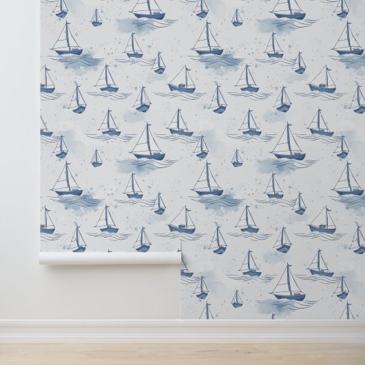 Serene Navyblauwe Zeilboten Patroon Behang (Applicatie)