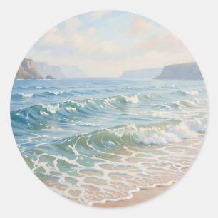 Serene Oceaan Golven Kletterende Zandige Kust Ronde Sticker