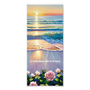Serene Oceaan Zonsondergang Strand & Roze Rozen In Foto Afdruk