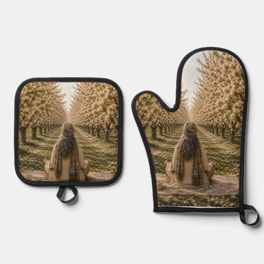Serene Orchard Oven Mitt & Pot Holder Set | Romant (Voorkant)