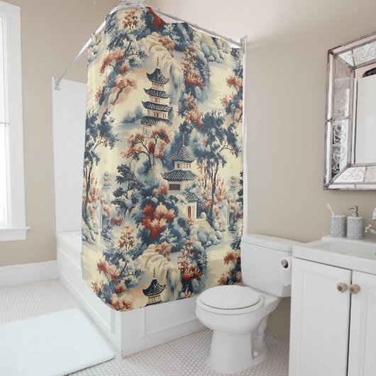 Serene pagodes in een bergachtig landschap douchegordijn (In situ)