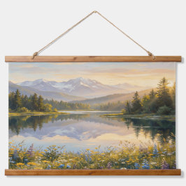 Serene Pastel Landscape Tapestry – Mountains, Lake Hangend Wandkleed
