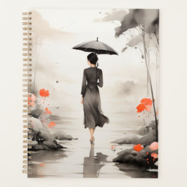 Serene Rainy Path Art Planner with Floral Accents