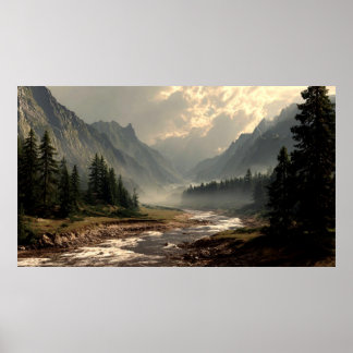 Serene rivier die door de bergvallei stroomt poster