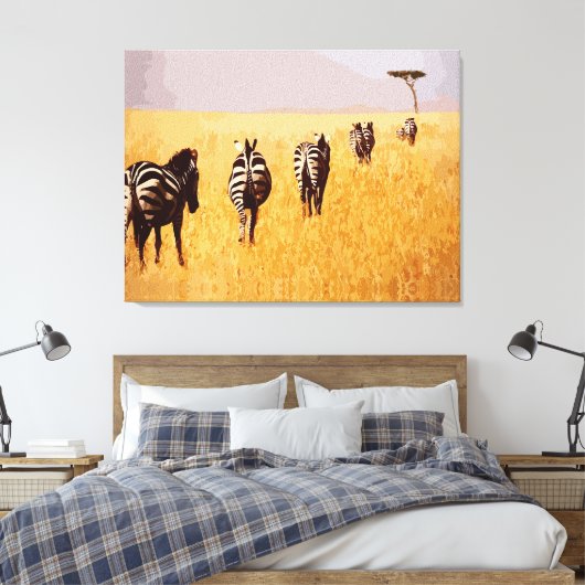 Serene Safari - Zebra's in de Gouden Graslanden Canvas Afdruk (Insitu (Slaapkamer))
