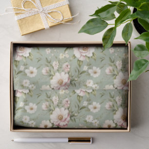 Serene Sage Groen en Crème Pioen Roos Bloemmotief Tissuepapier