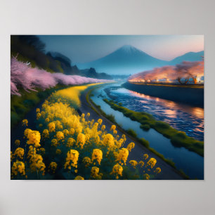 Serene Sakura en Bloesems met Majestic Berg Poster