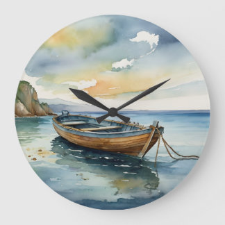 Serene Seascape: Waterverf Boat Clock Grote Klok