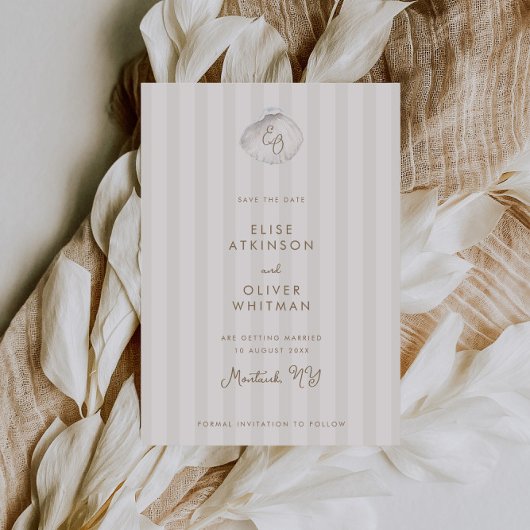 Serene Shell Monogram Coastal Stripes Wedding Save The Date