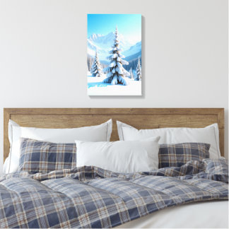 Serene Snowy Mountain Landscape & Winter Pine Tree Canvas Afdruk