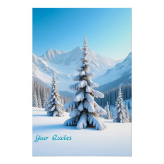 Serene Snowy Mountain Landscape & Winter Pine Tree Perfect Poster