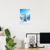 Serene Snowy Mountain Landscape & Winter Pine Tree Poster (Thuiskantoor)