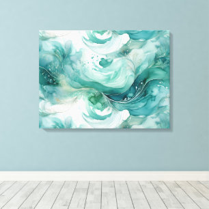 Serene Splash: Abstracte Waterverf in Blauwgroen g Canvas Afdruk