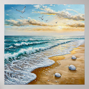 Serene strand met golven en schelpen poster