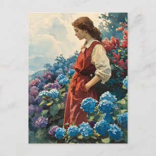 Serene Vrouw Te midden van Kleurrijke Hydrangeas Briefkaart