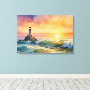 Serene vuurtoren bij zonsondergang - Ocean Wall Ar Canvas Afdruk