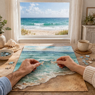 Serene Watercolor Strandgolven - Oceaan Vibes Legpuzzel