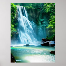 Serene Waterfall in Bleek Blue en Green Poster