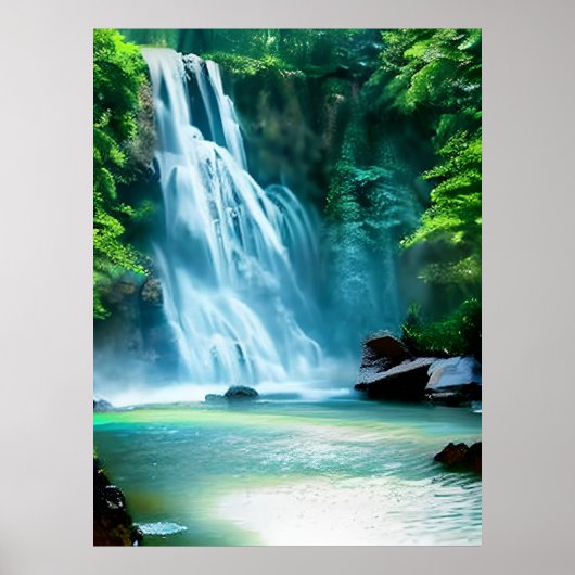 Serene Waterfall in Bleek Blue en Green Poster (Voorkant)