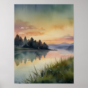Serene Waterverf Mountain Landscape Art Print