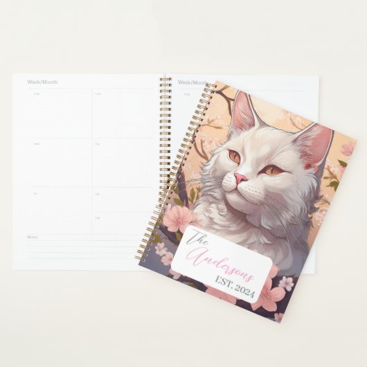 Serene White Cat Planner avec nom et année (Devant avec enveloppe)