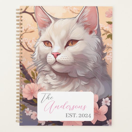 Serene White Cat Planner avec nom et année (Devant)