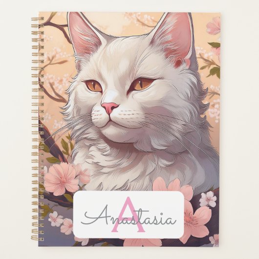 Serene White Cat Planner avec nom et monogramme (Devant)