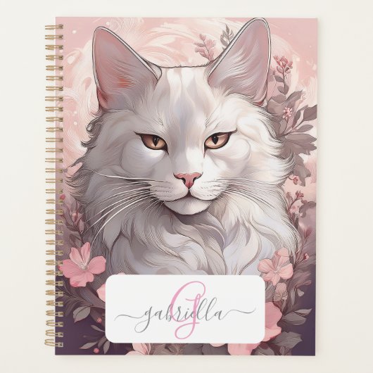 Serene White Cat Planner avec nom et monogramme (Devant)