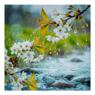 Serene White Cherry Blossoms in Spring Rain & Stre Perfect Poster