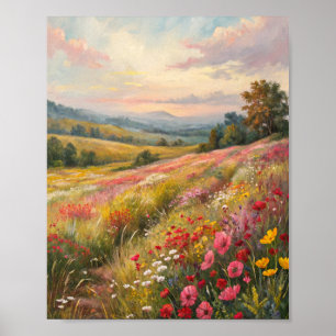 Serene Wilde Bloemenweide bij Zonsondergang Olie S Poster