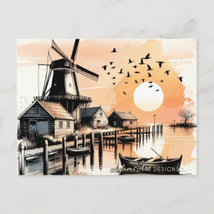 Serene Windmolen Zonsondergang Haven Feestdagenkaart