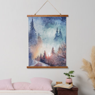 Serene Winter Forest Waterverf Schilderen Natuur Hangend Wandkleed