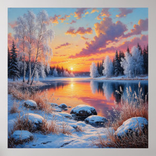 Serene winterzonsondergang over een besneeuwd bos poster