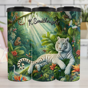 Serene witte tijger en bloemen thermosbeker