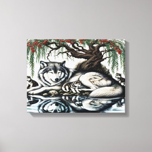 Serene Wolf Familie Oase in Idyllische Natuur 16x1 Canvas Afdruk (Voorkant)