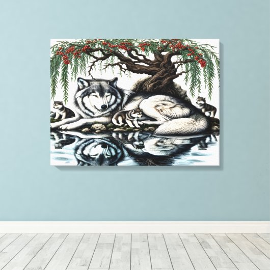 Serene Wolf Familie Oase in Idyllische Natuur 24x1 Canvas Afdruk (Insitu (Houten vloer))