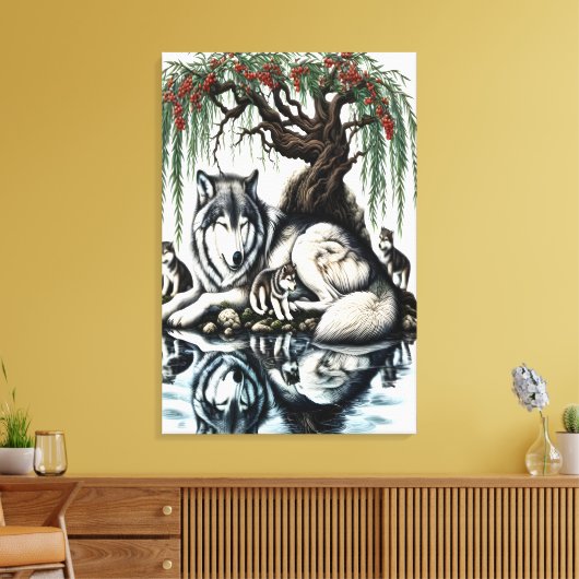 Serene Wolf Familie Oase in Idyllische Natuur 24x3 Canvas Afdruk (Insitu (Woonkamer))
