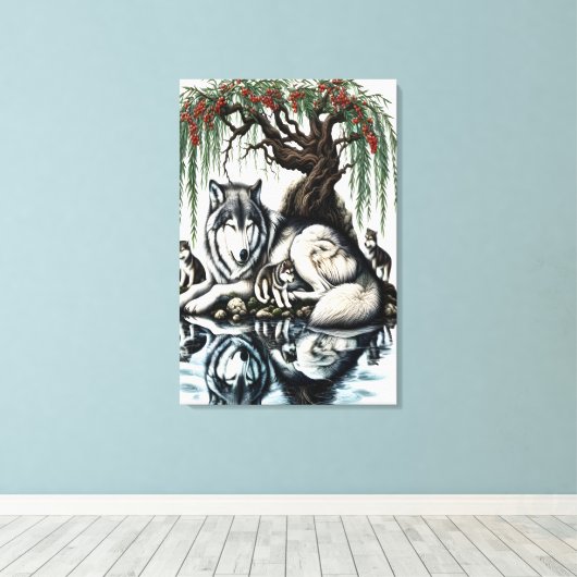 Serene Wolf Familie Oase in Idyllische Natuur 24x3 Canvas Afdruk (Insitu (Houten vloer))