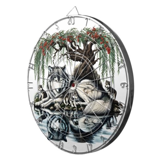 Serene Wolf Familie Oase in Idyllische Natuur Dartbord (Voorkant Rechts)