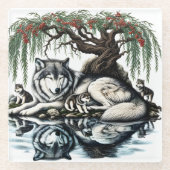 Serene Wolf Familie Oase in Idyllische Natuur Glazen Onderzetter (Voorkant)