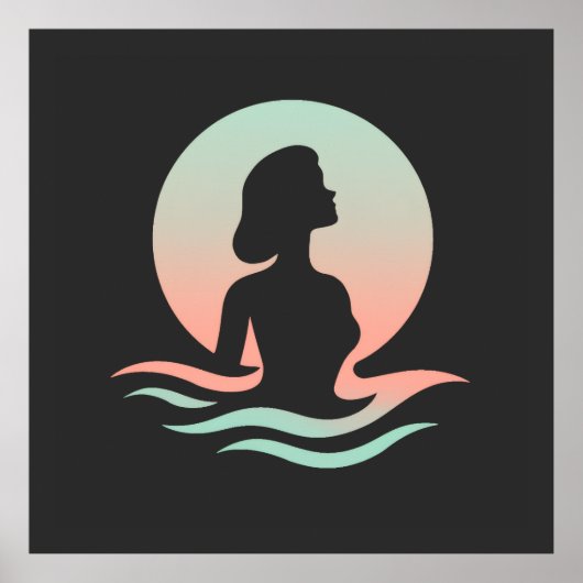 Serene Woman Silhouette in Pastel Waves Poster (Voorkant)