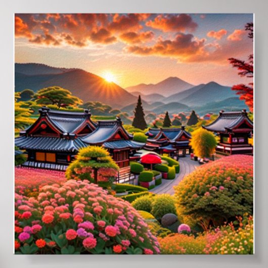 Serene zonsondergang boven Japanse tuin, landschap Poster (Voorkant)