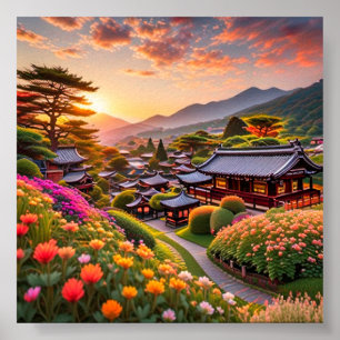 Serene zonsondergang boven Japanse tuin, landschap Poster
